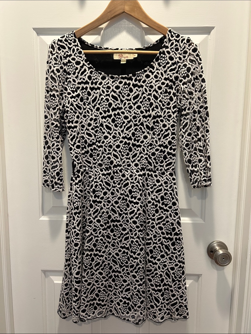Aryeh Vintage Black and White Floral Lace-Print Long Sleeve Fit-and-Flare Dress